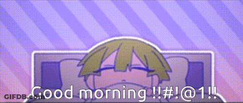 A Cartoon Of A Boy Sitting On A Bed With The Words `` Good Morning ! # ! @ 1 ! '' . GIF