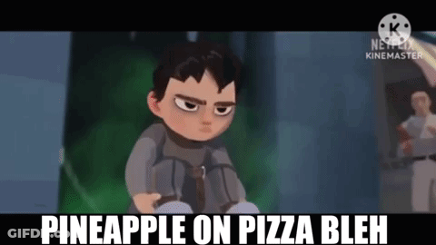 A Cartoon Of A Boy Sitting On A Chair With The Words `` Pineapple On Pizza Bleh '' Written On It . GIF