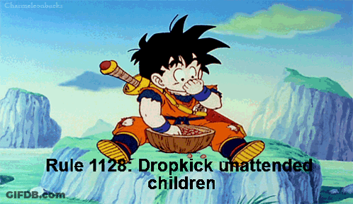 A Cartoon Of A Boy Sitting On A Rock With The Words Rule 1128 Dropkick Unattended Children Written Below Him GIF