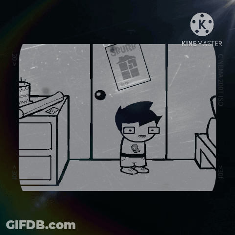 A Cartoon Of A Boy Standing In Front Of A Door With The Words Rest In Peace John Egbert Fly High GIF