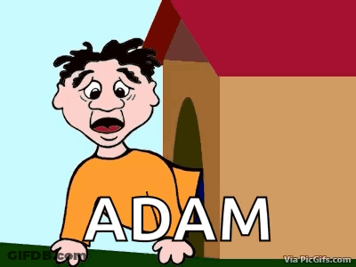 A Cartoon Of A Boy Standing In Front Of A House With The Word Adam On It GIF