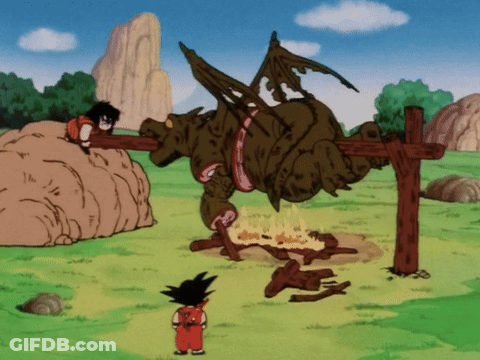 A Cartoon Of A Boy Standing In Front Of A Large Dragon GIF