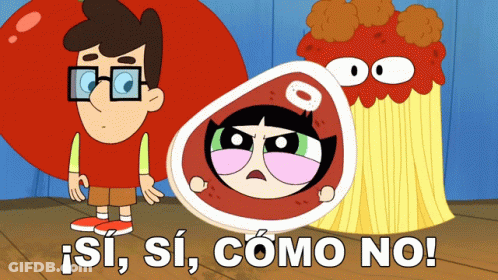 A Cartoon Of A Boy Standing Next To A Cartoon Character With The Words Si Si Como No On The Bottom GIF