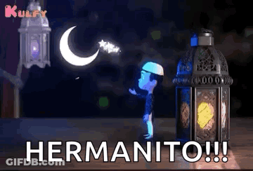 A Cartoon Of A Boy Standing Next To A Lantern With The Words Hermanito !! Written On It . GIF