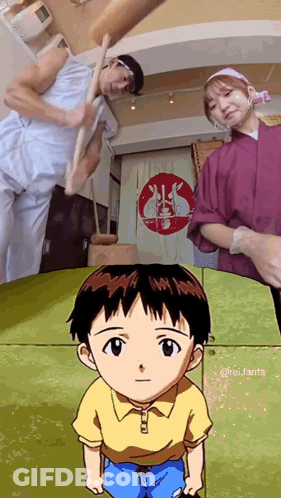 A Cartoon Of A Boy Standing Next To A Man Holding A Stick GIF