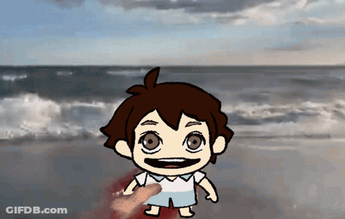 A Cartoon Of A Boy Standing On A Beach With A Hand Reaching Out Towards Him GIF