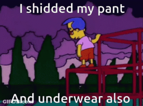 A Cartoon Of A Boy Standing On A Slide With The Caption ' I Shidded My Pant And Underwear Also ' GIF