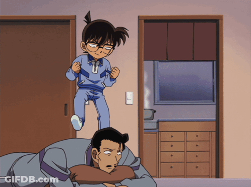 A Cartoon Of A Boy Standing On Top Of A Man Laying On The Floor GIF