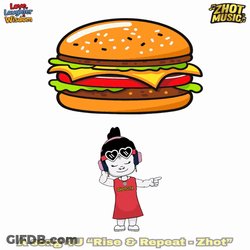 A Cartoon Of A Boy Surrounded By Hearts Next To A Hamburger With The Words Love Laughter Wisdom On The Bottom GIF