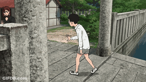A Cartoon Of A Boy Walking On A Stone Walkway GIF