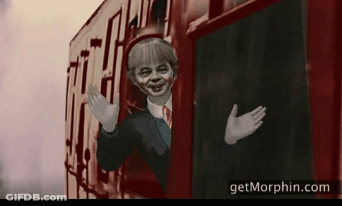 A Cartoon Of A Boy Waving From A Train With The Website Getmorphin.com Visible GIF