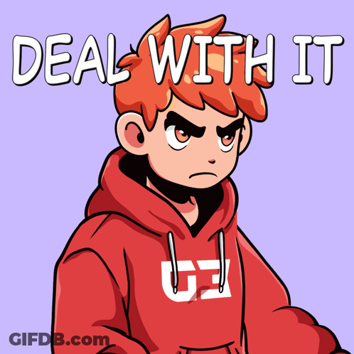 A Cartoon Of A Boy Wearing A Red Hoodie Says Deal With It GIF