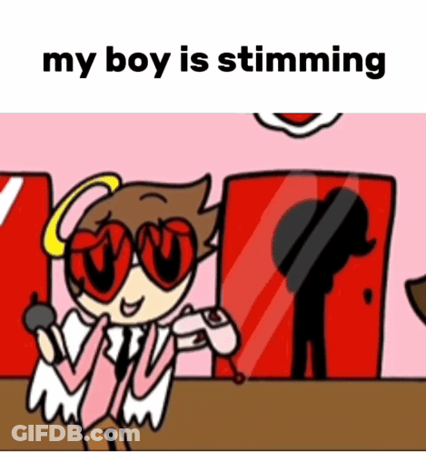 A Cartoon Of A Boy Wearing Heart Shaped Glasses And Holding A Microphone With The Caption " My Boy Is Stimming " GIF