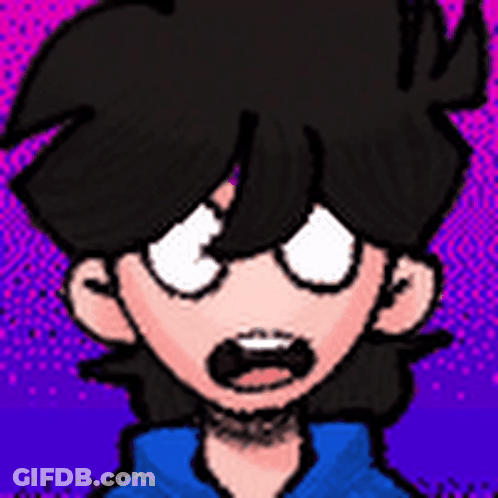 A Cartoon Of A Boy With A Beard And A Blue Shirt With A Purple Background . GIF