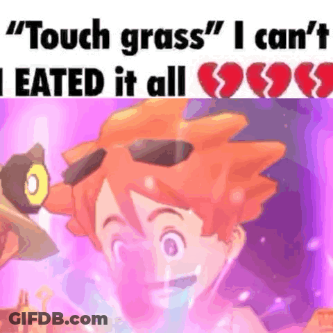 A Cartoon Of A Boy With A Broken Heart And The Words `` Touch Grass '' . GIF