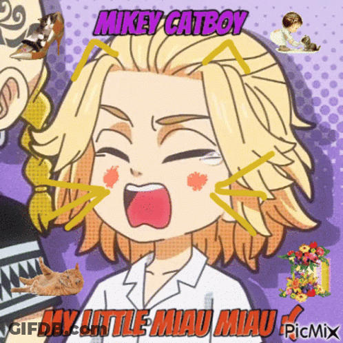 A Cartoon Of A Boy With A Cat On His Head And The Words Mikey Catboy My Little Miau Miau On The Bottom GIF