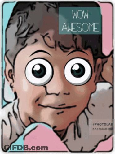 A Cartoon Of A Boy With Big Eyes And The Words Wow Awesome Above Him GIF
