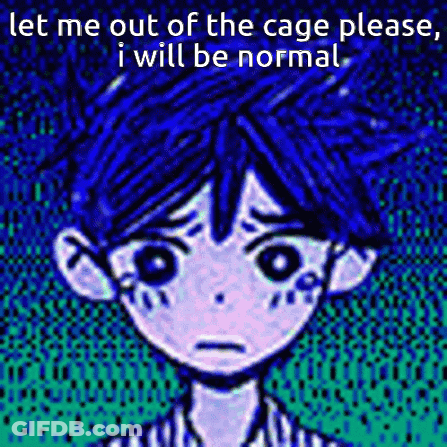 A Cartoon Of A Boy With Blue Hair And A Caption That Says Let Me Out Of The Cage Please I Will Be Normal GIF