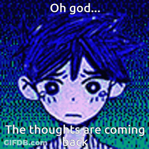 A Cartoon Of A Boy With Blue Hair And A Caption That Says `` Oh God ... The Thoughts Are Coming Back '' . GIF