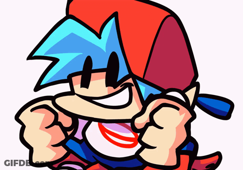 A Cartoon Of A Boy With Blue Hair And A Red Hat GIF