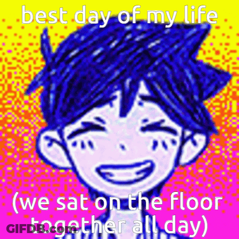 A Cartoon Of A Boy With Blue Hair And The Words `` Best Day Of My Life '' GIF
