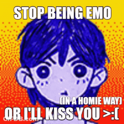 A Cartoon Of A Boy With Blue Hair And The Words `` Stop Being Emo Or I 'Ll Kiss You '' GIF