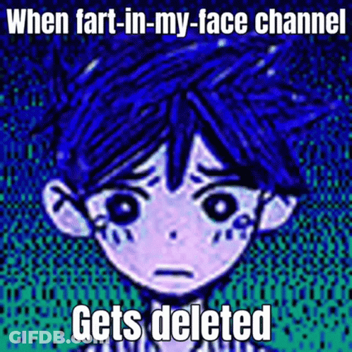 A Cartoon Of A Boy With Blue Hair And The Words " When Fart In My Face Channel Gets Deleted " GIF