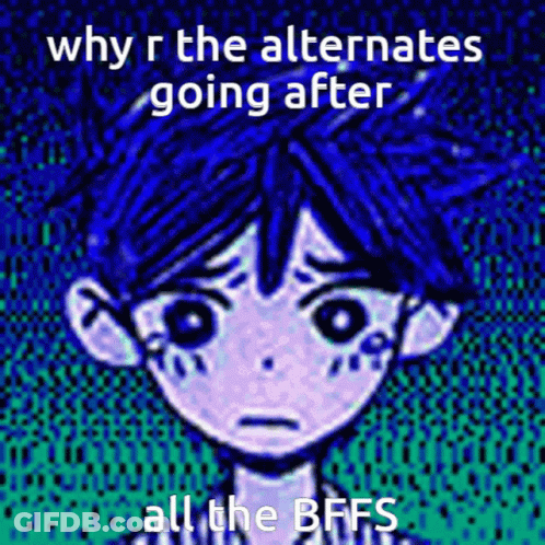 A Cartoon Of A Boy With Blue Hair And The Words Why R The Alternates Going After All The Bffs . GIF