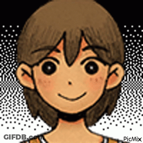A Cartoon Of A Boy With Brown Hair And Black Eyes Smiling . GIF