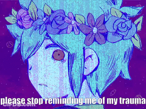 A Cartoon Of A Boy With Flowers In His Hair . GIF