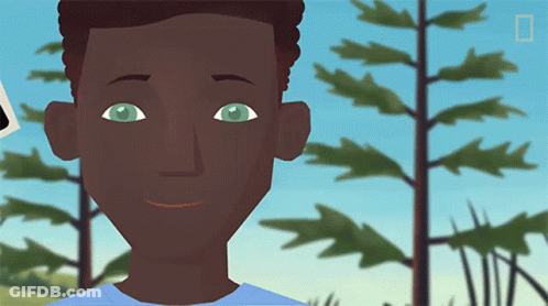 A Cartoon Of A Boy With Green Eyes And A Blue Shirt GIF