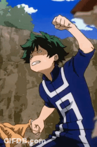 A Cartoon Of A Boy With Green Hair And A Fist In The Air GIF