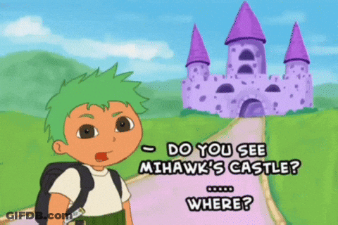 A Cartoon Of A Boy With Green Hair Asking Do You See Mihawk 'S Castle Where GIF
