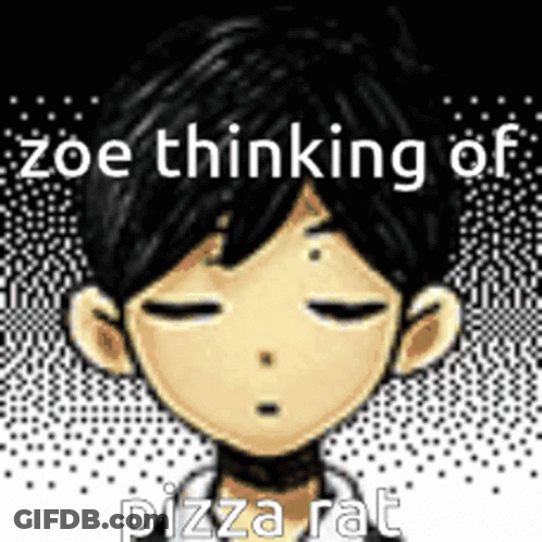 A Cartoon Of A Boy With His Eyes Closed And The Words `` Zoe Thinking Of Pizza Rat '' Written On It . GIF