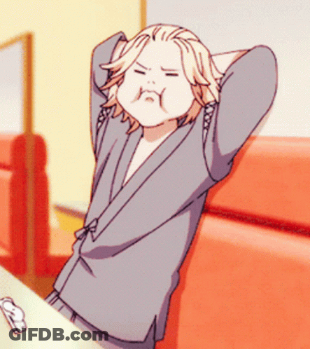 A Cartoon Of A Boy With His Hands Behind His Head Making A Funny Face GIF
