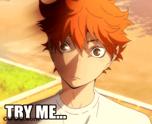 A Cartoon Of A Boy With Orange Hair And The Words Try Me On The Bottom GIF