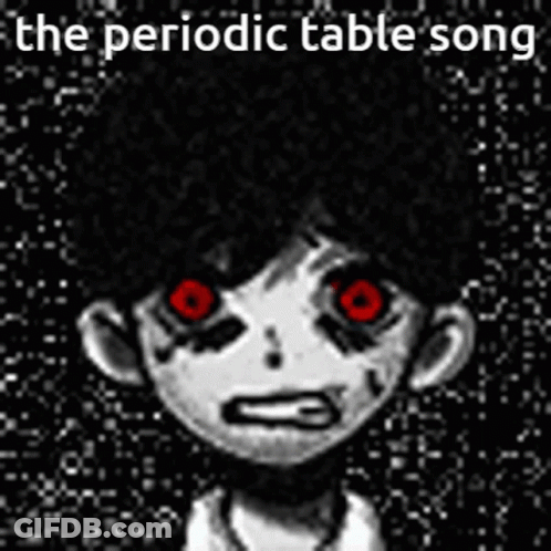 A Cartoon Of A Boy With Red Eyes And The Words `` The Periodic Table Song '' . GIF