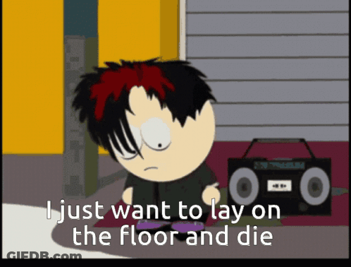 A Cartoon Of A Boy With Red Hair Says " I Just Want To Lay On The Floor And Die " GIF