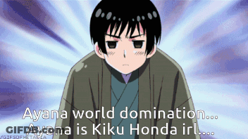 A Cartoon Of A Boy With The Words " Ayana World Domination ... Ayana Is Kiku Honda Irl ... " GIF