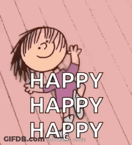 A Cartoon Of A Boy With The Words `` Happy Happy Happy '' Written On It . GIF