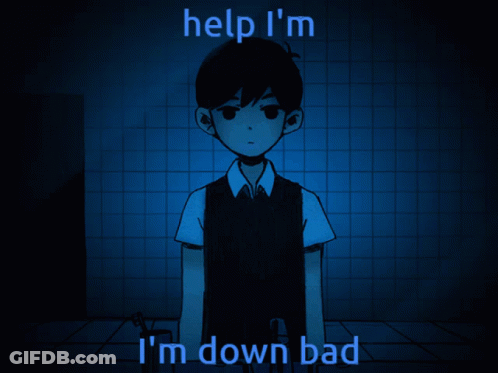 A Cartoon Of A Boy With The Words Help I 'M I 'M Down Bad Behind Him GIF