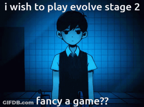 A Cartoon Of A Boy With The Words " I Wish To Play Evolve Stage 2 Fancy A Game " Below Him GIF