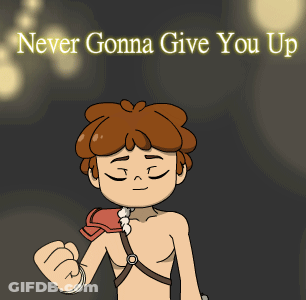 A Cartoon Of A Boy With The Words " Never Gonna Give You Up " Above Him GIF
