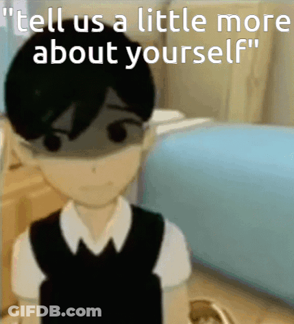 A Cartoon Of A Boy With The Words " Tell Us A Little More About Yourself " GIF