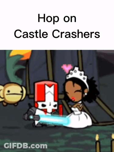 A Cartoon Of A Bride And Groom With The Words Hop On Castle Crashers GIF