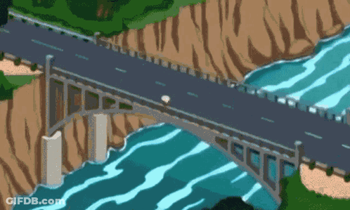 A Cartoon Of A Bridge Over A River With A Car On It GIF
