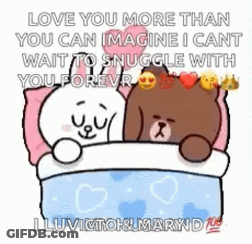 A Cartoon Of A Brown And White Bear Laying In A Bed With Hearts On It . GIF