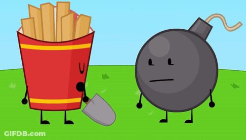 A Cartoon Of A Bucket Of French Fries And A Bomb Standing Next To Each Other GIF