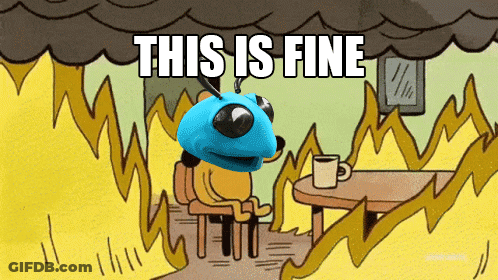 A Cartoon Of A Bug Sitting At A Table With The Words This Is Fine Above Him GIF