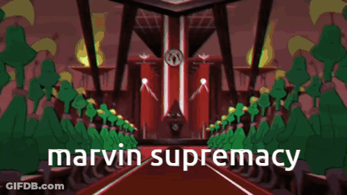 A Cartoon Of A Building With The Words Marvin Supremacy Written On It GIF